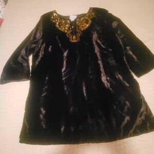 NWOT Soft Surroundings Womens Black Velvet Blouse Gold Bling Neckline Large